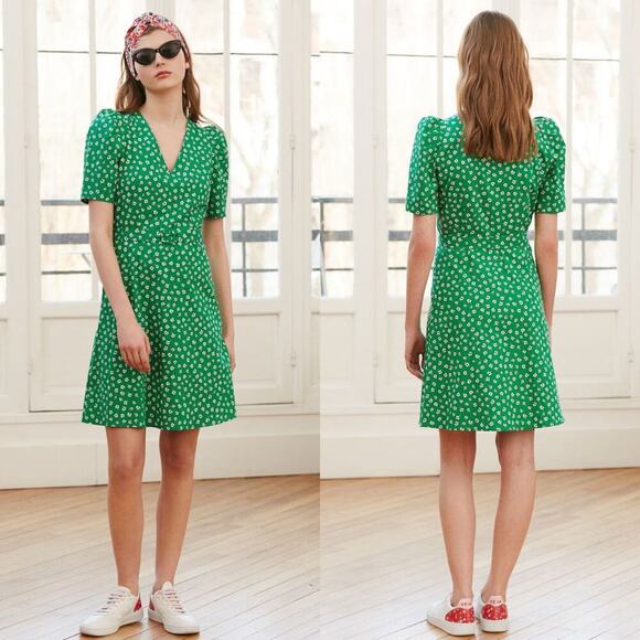 Claudie Pierlot Rumeur Dress Green Floral Print Belted SIZE 36 or US 4 - Picture 1 of 8